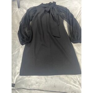 Vince Camuto Women's Black Bow Neck Shift Dress Mesh Dot Sleeves Gothcore Size 2